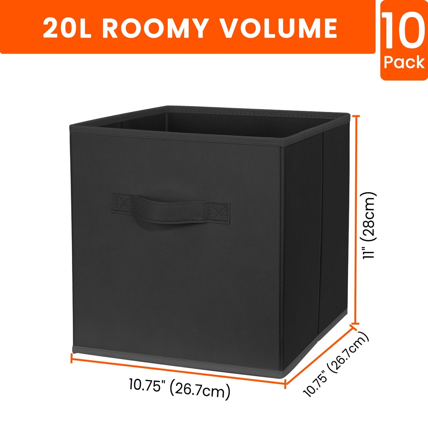 Criusia Storage Cubes, 11 Inch Clothes Storage Bins for Shelves Closet (10 Pack), Fabric Collapsible Storage Bins with Dual Handles, Cubby Storage Baskets for Magazines, Dorm Essentials (Black)