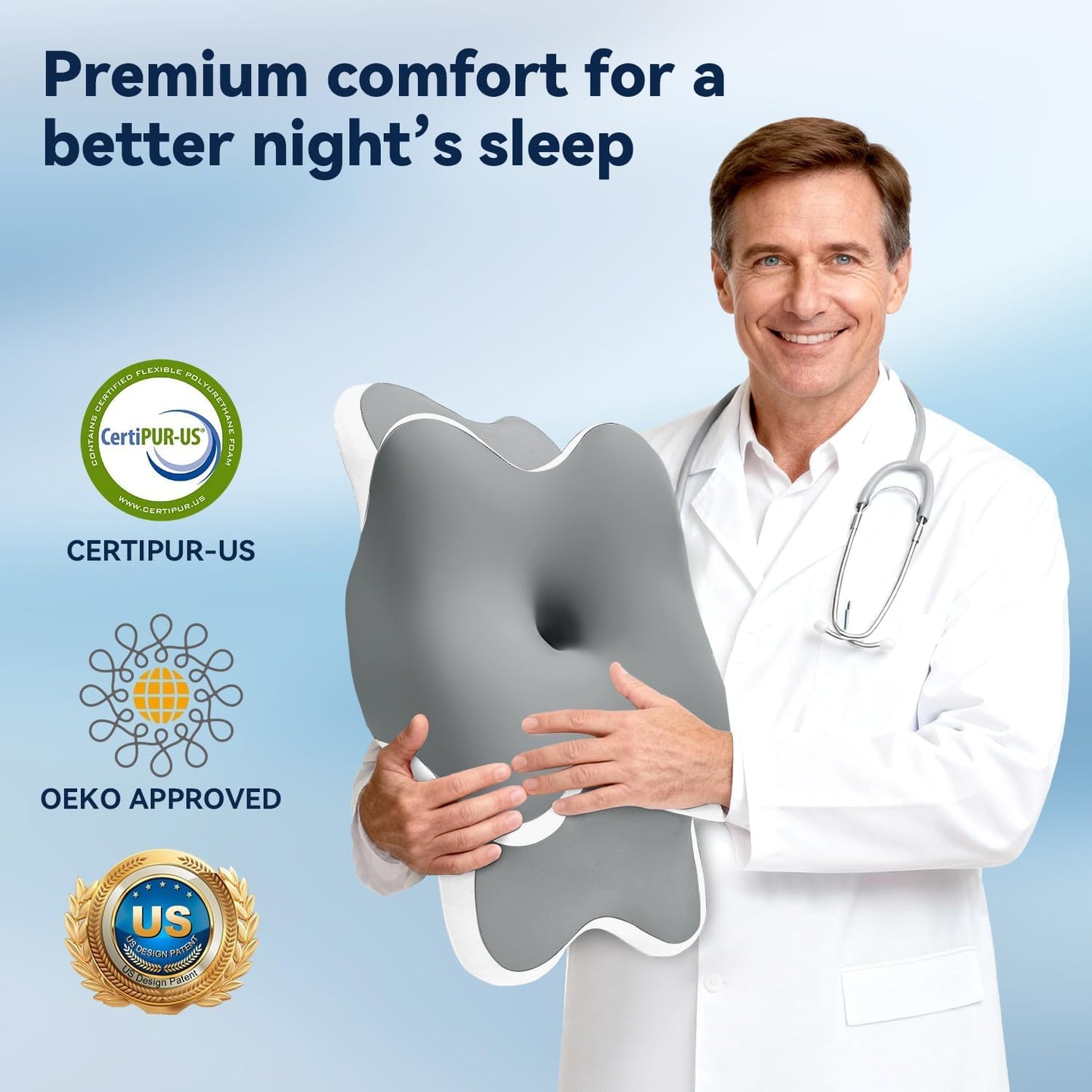 WENGTY Dreams Relief Pillow,Sleep Apnea Pillow w/Neck & Snoring Relief,Orthopedic & Ergonomic Contour Cervical Memory Foam Cooling Pillow for Side Sleepers,Medium Firm Support (Grey, Queen Size)