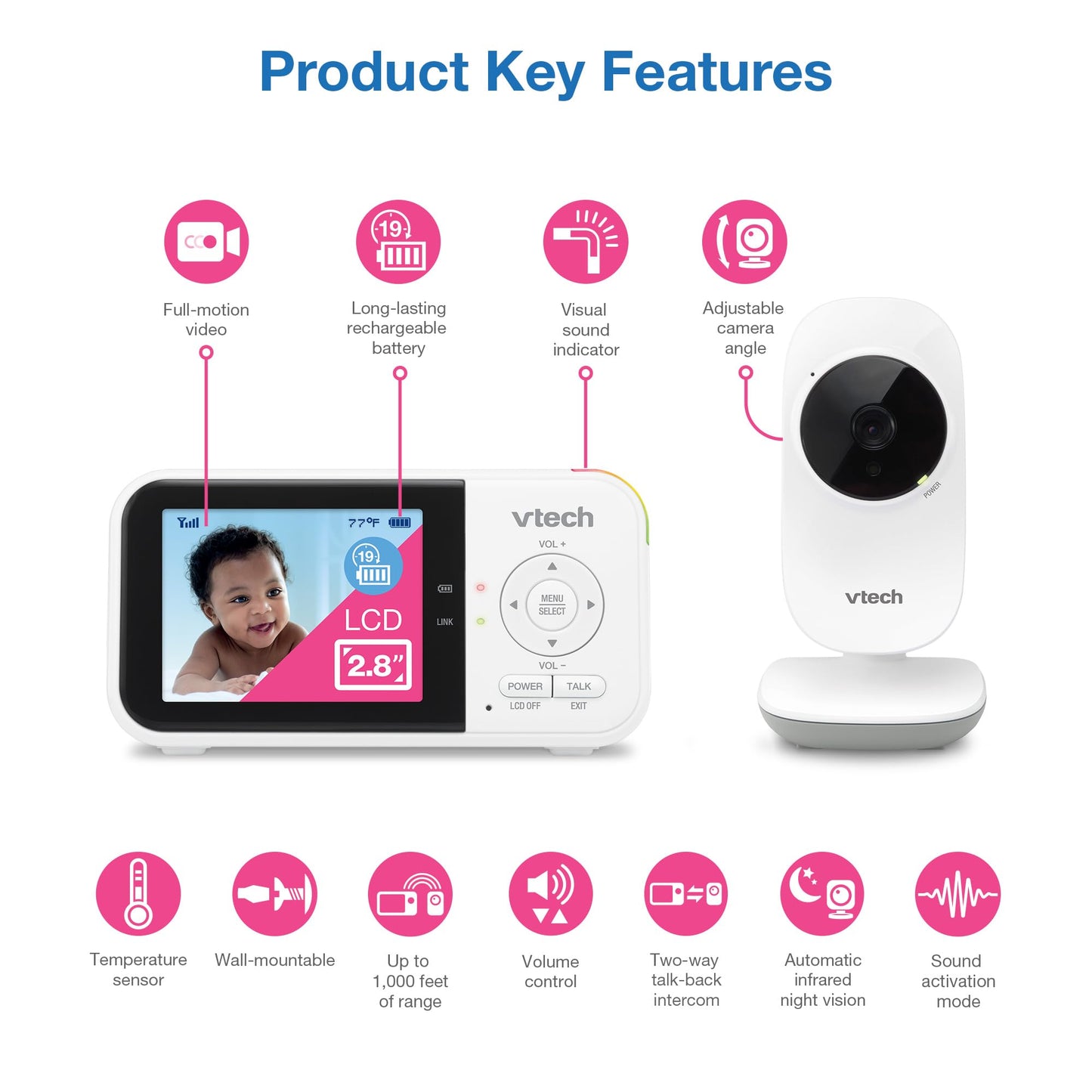 VTech Baby Monitor No WiFi – 19Hr Video Battery, 1000ft Range, Night Vision, Two-Way Talk, Temperature Sensor, Sound-Activated Screen, Lullabies | VM819