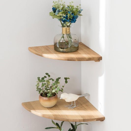 Conamily Corner Shelves, Floating Corner Shelf, Set of 2 7inch Solid Oak Wood Wall Shelves, Round End Wall Mount with Wire Hole Shelving for Small Plant for Bedroom Kitchen, Living Room