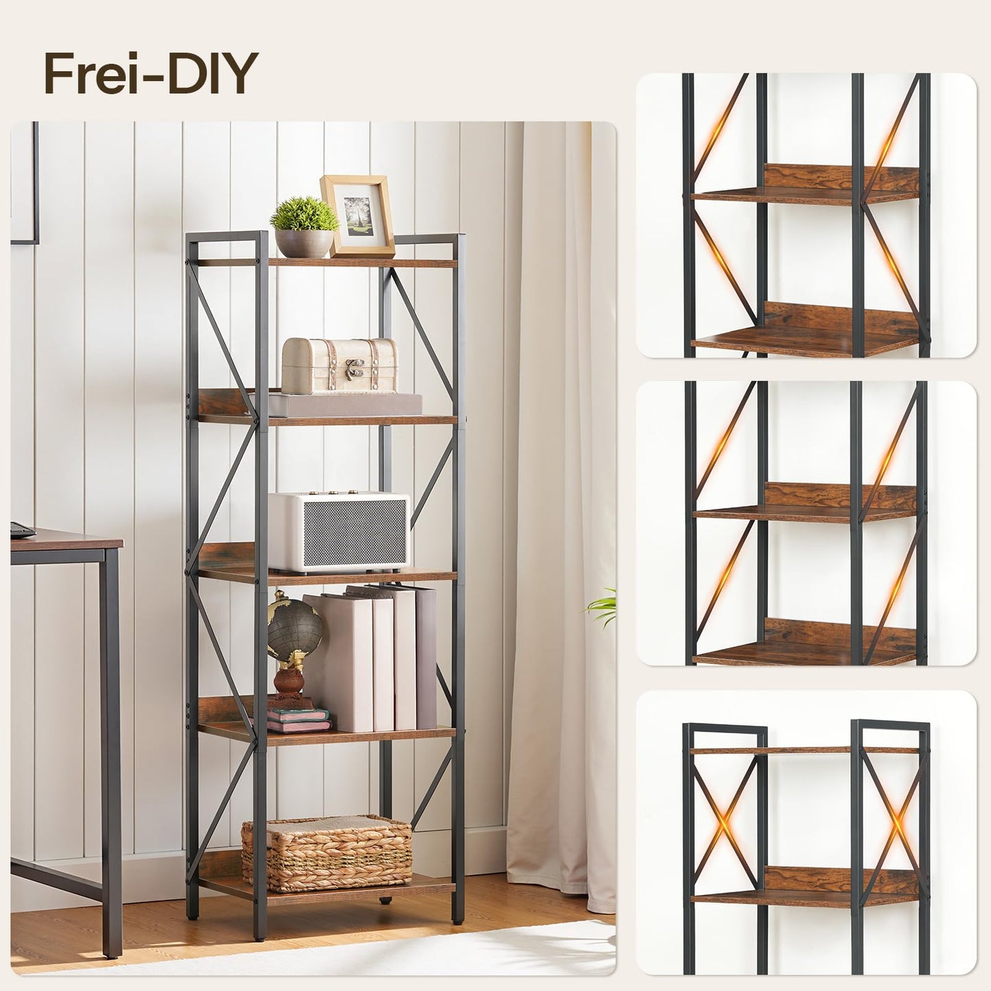 HOOBRO Bookshelf, 5-Tier Industrial Bookcase, Book Shelf Storage Organizer, Tall Bookshelf with Metal Frame for Living Room, Bedroom, Home Office, Kitchen, Rustic Brown and Black BF73SJ01