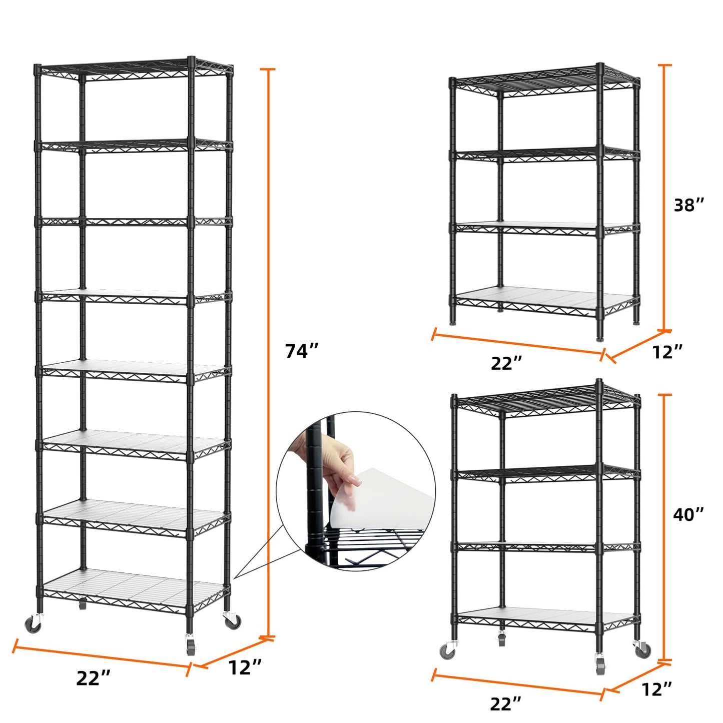 SINGAYE 8 Tier Shelf Organizer Storage Metal Shelves Garage Wire Shelving Unit Pantry Rack Adjustable Standing Storage for Kitchen Closet Laundry Bathroom Pantry 12" D x 22" W x 74" H Black