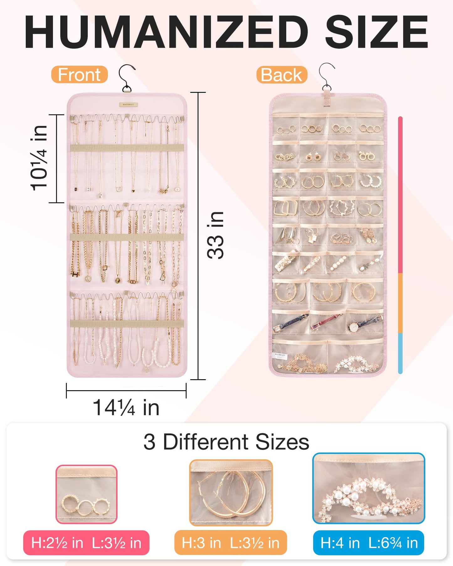 BAGSMART Hanging Jewelry Organizer Storage Roll with Hanger Metal Hooks Double-Sided Jewelry Holder for Earrings, Necklaces, Rings on Closet, Wall, Door, 1 piece, Large, Pink