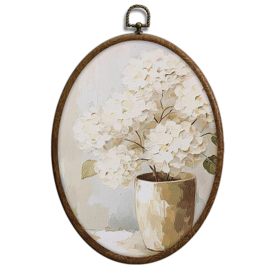 Vintage White Hydrangea Oval Wall Art, Spring Floral Flowers Oval Framed Wall Art, Waterproof Cottage Core Home Decor for Western Farmhouse Bedroom Living Room, Home Retro Decor Products, 10