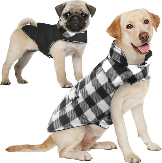 AOFITEE Dog Coat Plaid Dog Winter Coat for Large Dogs, Warm Dogs Jacket Christmas Sweater, Waterproof Pet Puffer Jacket, Reversible Pet Cold Weather Coats for Small Medium Large Pets, Black XL