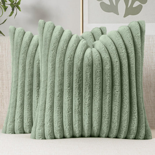 MIULEE Faux Fur Decorative Throw Pillow Covers 18x18 Inch Set of 2, Modern Spring Home Decor Soft Plush Couch Pillows Cozy Fluffy Cushion Covers for Sofa Bed Sage Green