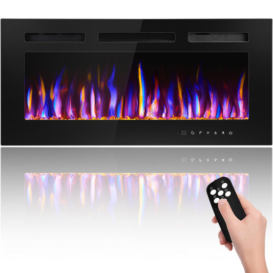 BETELNUT 36" Electric Fireplace Wall Mounted and Recessed with Remote Control, 750/1500W Ultra-Thin Wall Fireplace Heater W/Timer Adjustable Flame Color and Brightness, Log Set & Crystal Options
