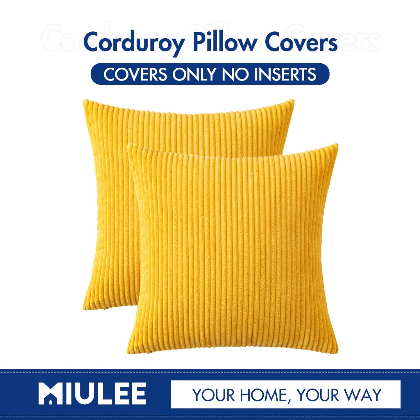 MIULEE Decorative Corduroy Pillow Covers Soft Solid Pack of 2 Cushion Cases Boho Square Throw Pillow Covers Golden Yellow Pillowcases for Couch Chair Sofa Bed Living Room Home Decor 18 x 18 Inch