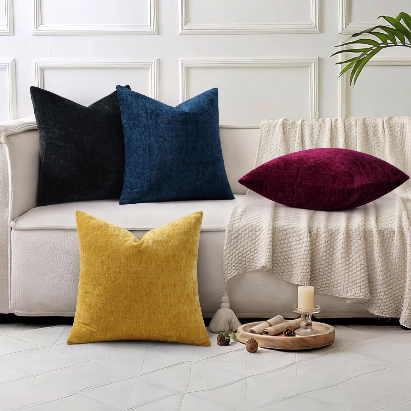 decorUhome Chenille Black Throw Pillow Covers 18x18 Inch Set of 2, Decorative Soft Couch Pillow Covers Solid Dyed Accent Farmhouse Neutral Square Pillow Cases for Sofa