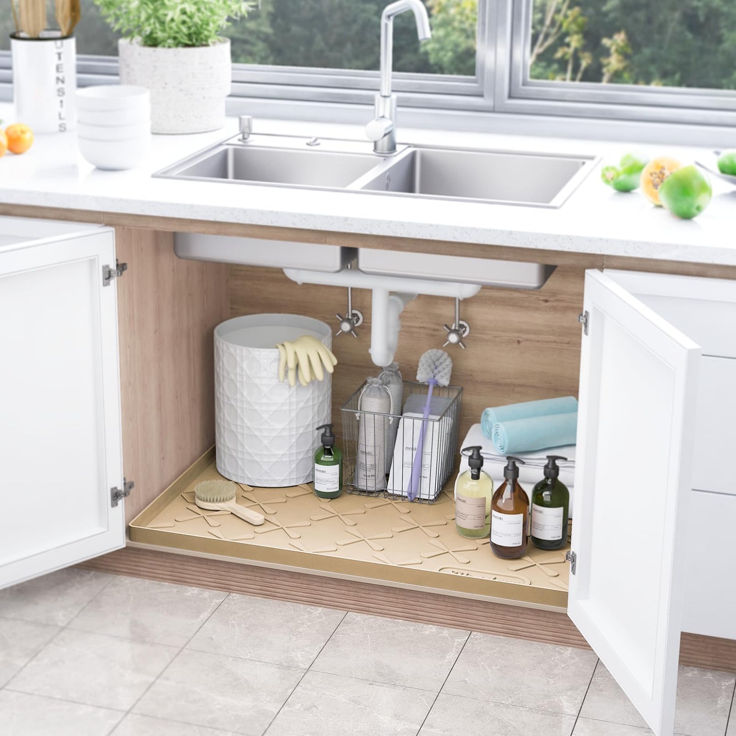SIKADEER Waterproof Under Sink Mat 22x19, Raised Edge Silicone Mat Under Sink Shelf Liner, Sink Protector Kitchen Cabinet Tray for Bathroom Vanity and Small Cabinets, Cat Food Mat