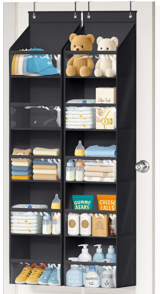 AOODA 2 Pack Over the Door Organizer, Large Capacity Closet Door Hanging Organizer, Clear Deep Pockets Baby Storage for Nursery, Bathroom, Bedroom, Pantry, Diapers (Black)