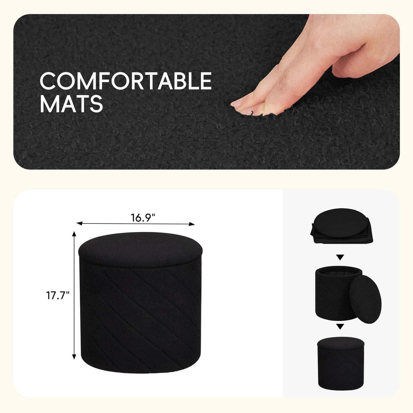 PINPLUS Ottoman with Stroage Round Boucle Ottoman and Tray Sherpa Removable Foot Stool Coffee Table for Dorm, Living Room Black, 16.9"x16.9"x17.7"