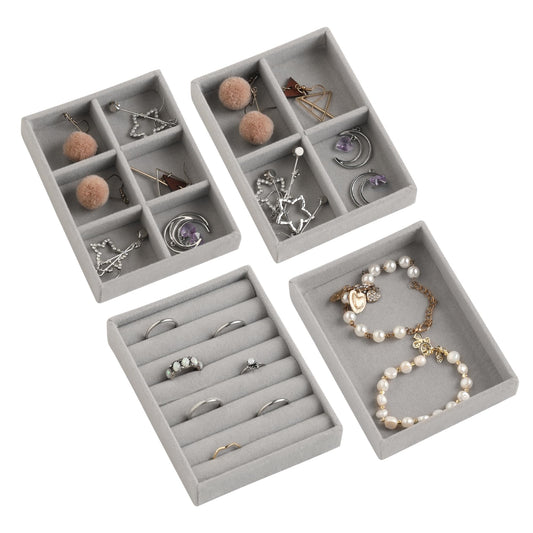 Frebeauty Small Jewelry Tray Set,Stackable Velvet Jewelry Organizer Tray,Mini Jewelry Drawer Organizer,Drawer Inserts,4.92 x 3.74 x 0.9 Inches,Earring Organizer for Women(Set 4,Grey)