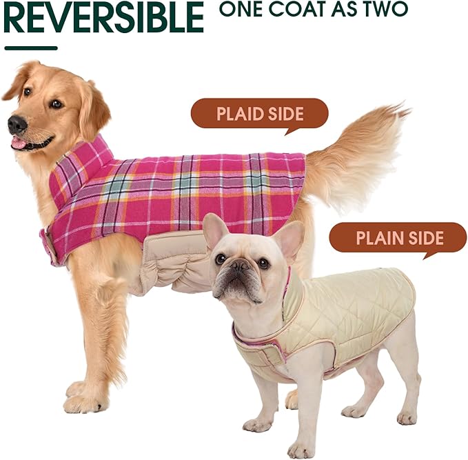 Kuoser Waterproof Dog Coat, Reversible Dog Jacket for Small Dogs, Adjustable Durable Doggie Winter Coat Warm Cozy Puppy Cold Weather Apparel from Small to Large Breed, Rose S