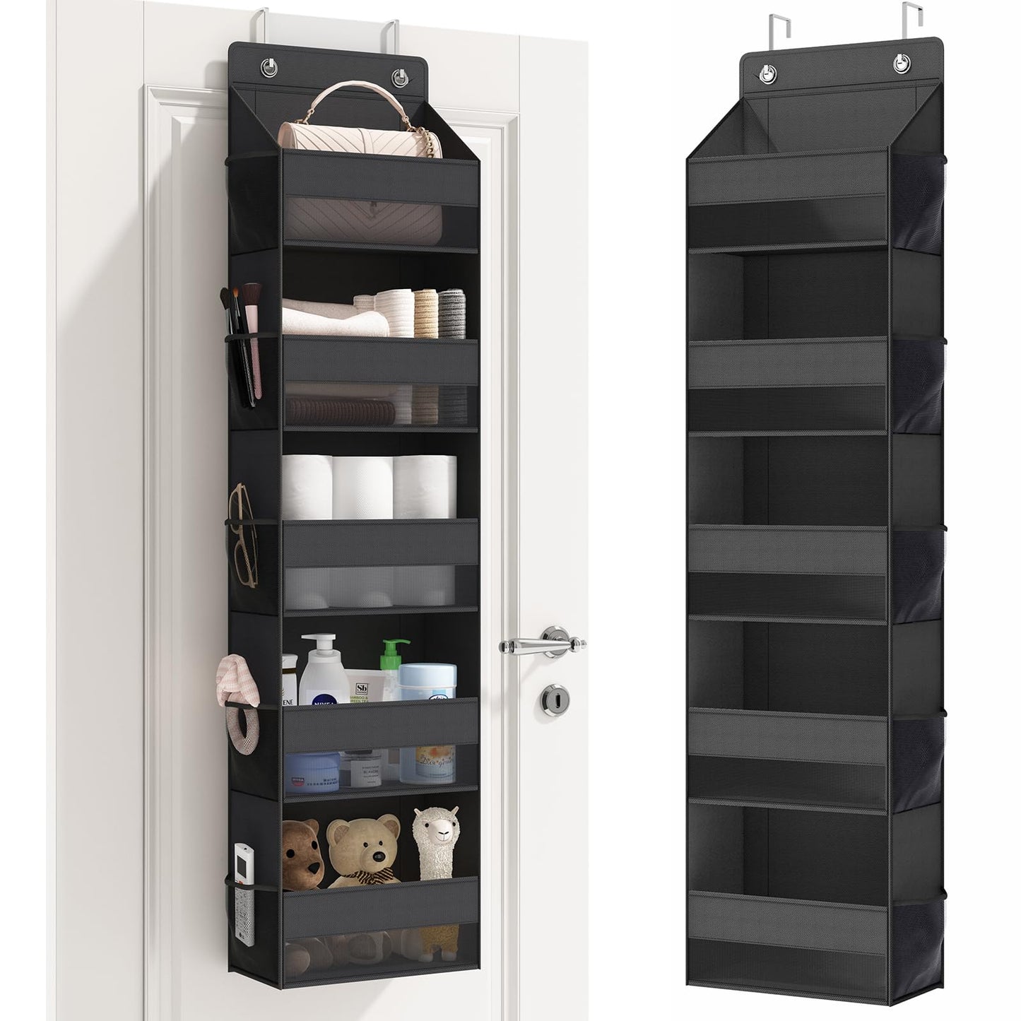 Fixwal Over Door Storage Organizer, 5-Shelf Wall Mount Upgrade Hanging Storage with 5 Large Pockets 10 Mesh Side Pockets for Pantry Bedroom Dorm Pantry Nursery Bathroom Diapers Clothes (Black)