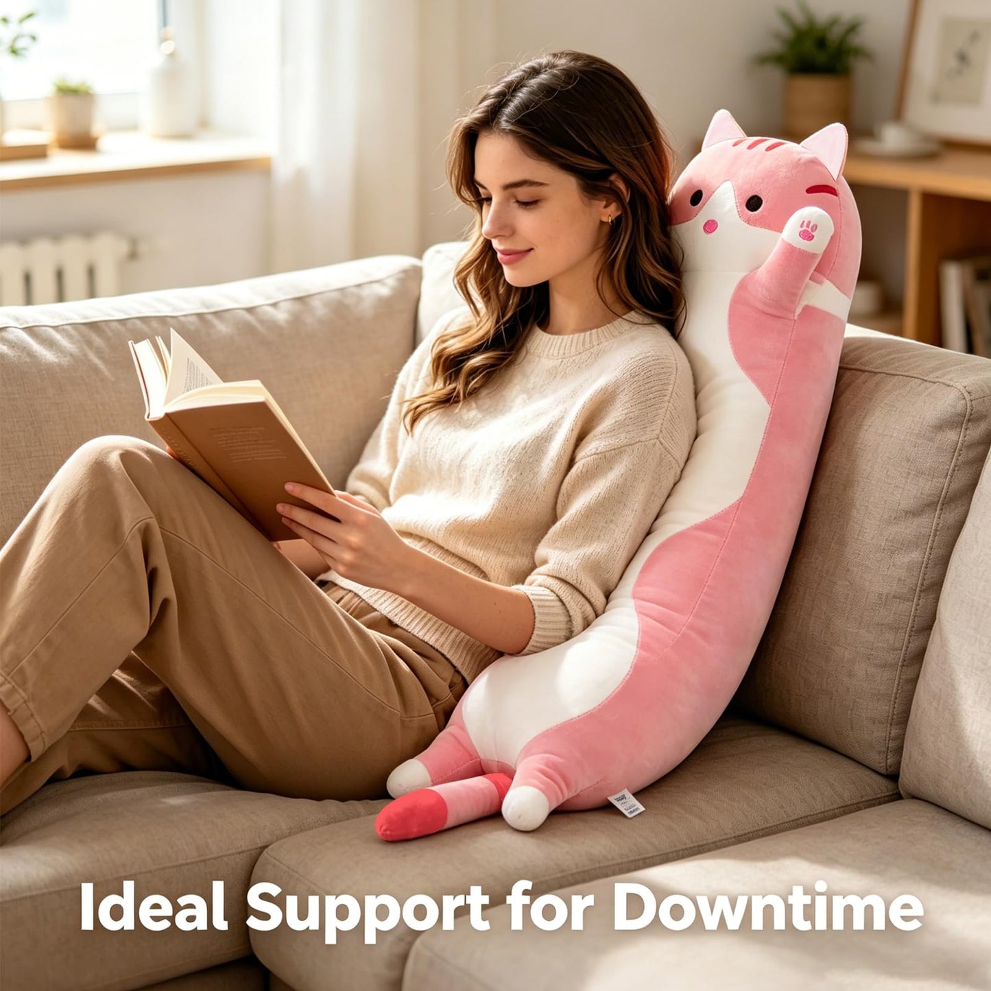 shangman Lovely Plush Cat Doll Cute Cartoon Soft Stuffed Kitten Long Throw Sleeping Pillow Doll Toy Gift for Kids Girlfriend Multiple Size (Pink,50cm/19.6in)