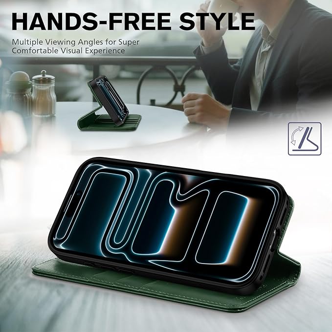 TUCCH Wallet Case for iPhone 17 Pro Max (6.9") 2025, 3 Credit Card Holders, RFID Blocking, Stand, PU Leather, Shockproof TPU Interior Shell, Protective Flip Folio Cover, Midnight Green