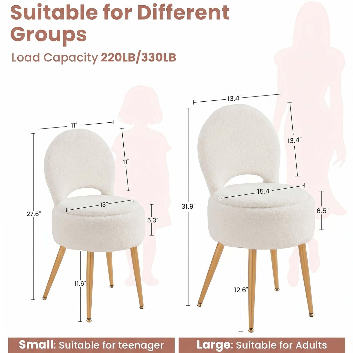 ZYKZYK Vanity Chair, Vanity Stool with Storage and Folding Back,4 Metal Legs with Anti-Slip Feet,Round Ottoman with Velvet Seat, Furry Padded Seat for Makeup, Bedroom (Black, Small)