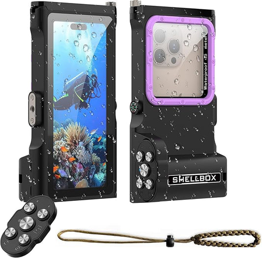 ShellBox Case Bluetooth Diving Phone Cover Housing – IP68 Waterproof 50FT/15M, Universal Fit with iPhone/Samsung/Android – Underwater Filming Photo Video for Snorkeling, Scuba Swimming, Black Purple