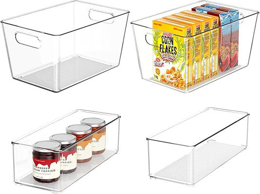 Joymeezo Set of 4 Clear Plastic Storage Bins, 2 Large +2 Small Pantry Organizers and Storage Containers for Kitchen Organization, Home Storage Essentials for Cabinet, Office, Garage, Freezer& Bathroom