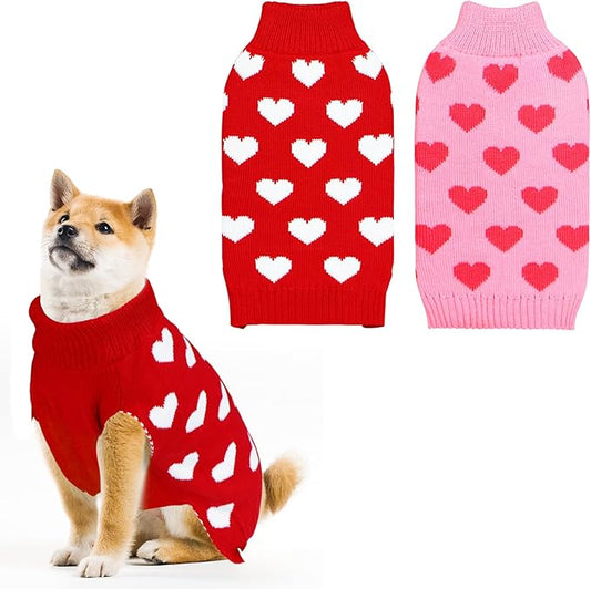 GOYOSWA 2 Pack Valentine Dog Sweater Dog Valentines Clothes Outfit Knitted Heart Sweater for Small Medium Large Dogs Pets (Red & Pink, X-Large)