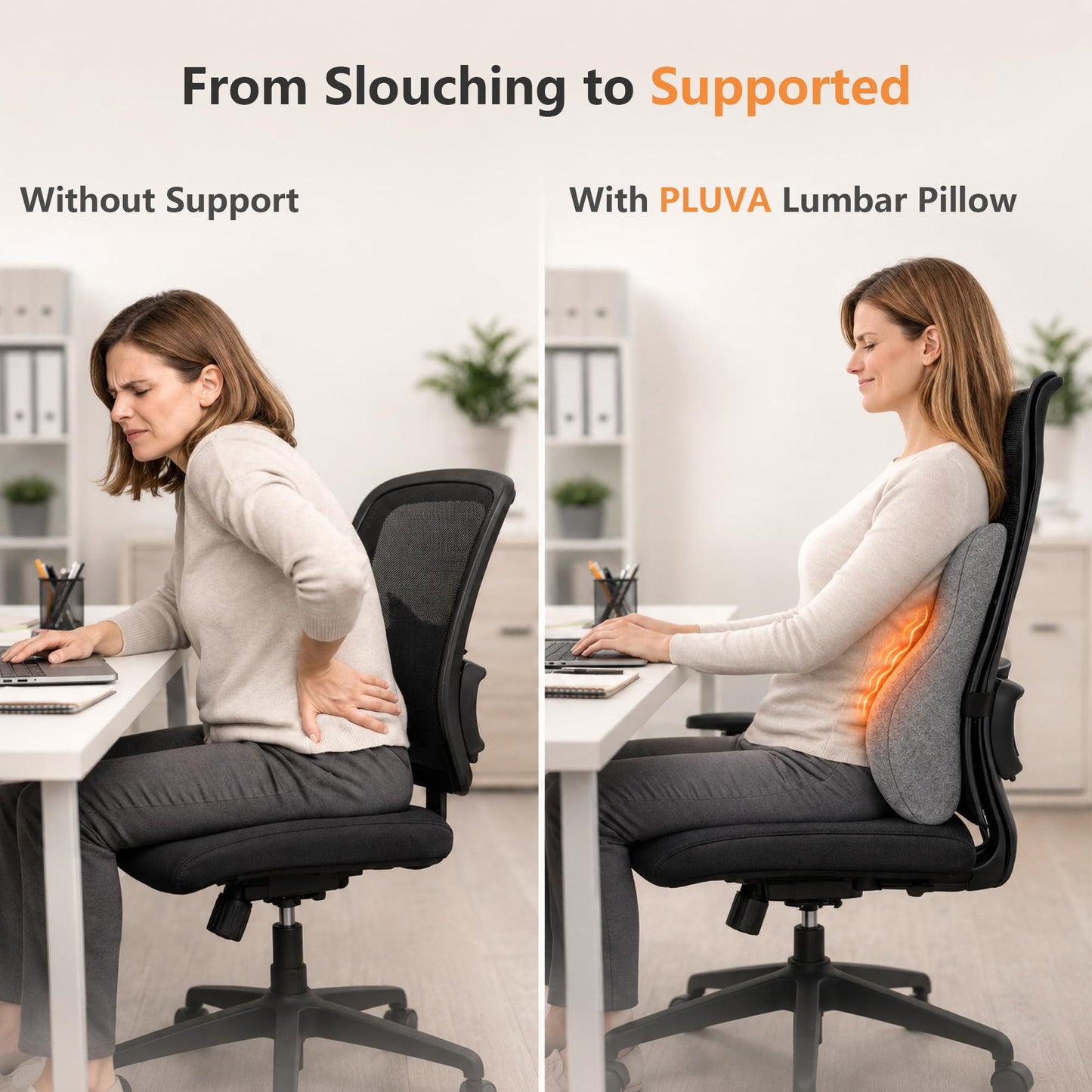 pluva Lumbar Support Pillow with Heat and Vibration Massage for Lower Back Pain Relief & Comfort, Ergonomic Memory Foam Back Cushion with Adjustable Strap for Office Chair, Car Seat and Sofa, Grey