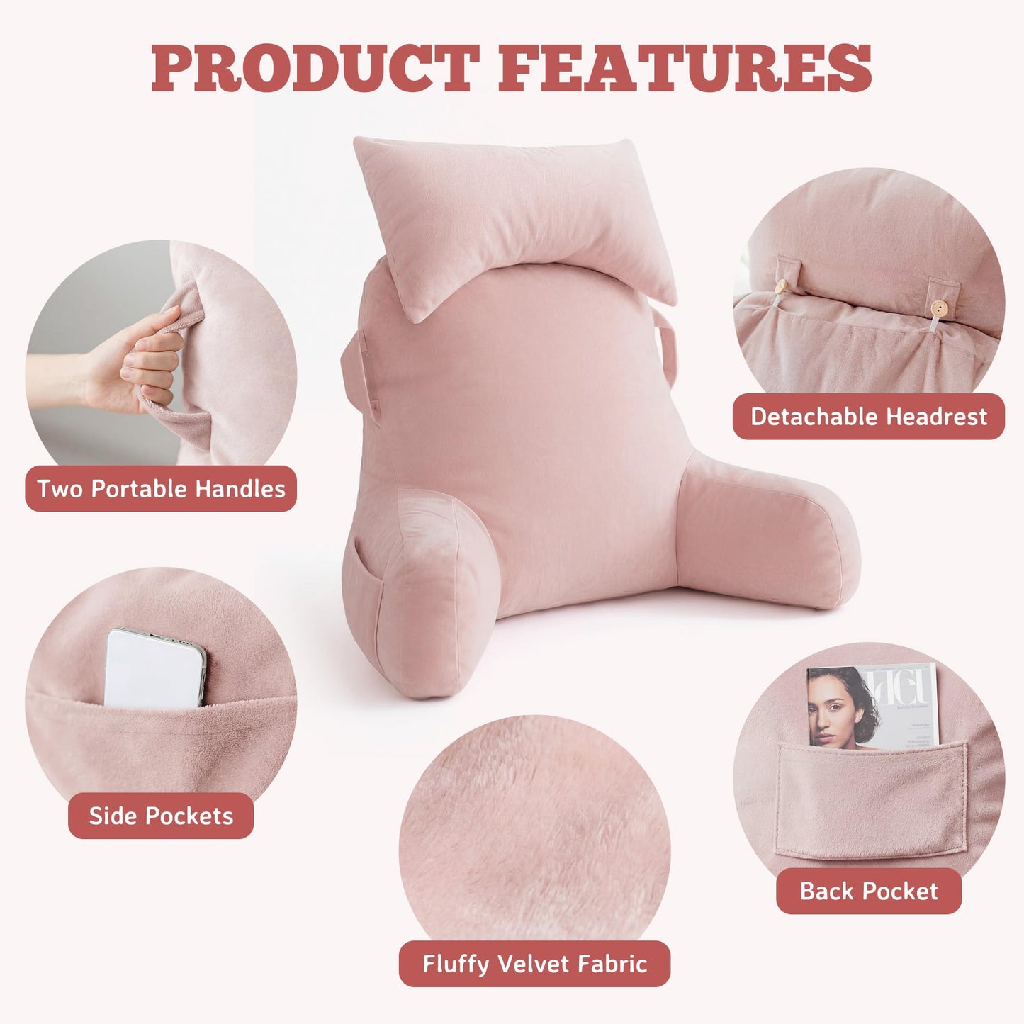 Unisakey Portable Reading Pillows with Headrest for Bed Sitting Up(Pink Oeko-Tex), Velvet Back Pillow with Arms & Pockets for Adults, Support Memory Foam Bed Pillow for Dorm/Reading/Watching/Gaming