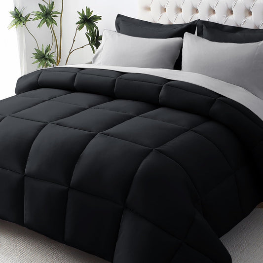 JOLLYVOGUE Queen Comforter Set, Ultra-Soft Bed in a Bag Queen Size 7 Pieces, Oeko-TEX Certified Bedding Set with Down Alternative Comforter, Sheets, Pillowcases & Shams, Black & Light Grey