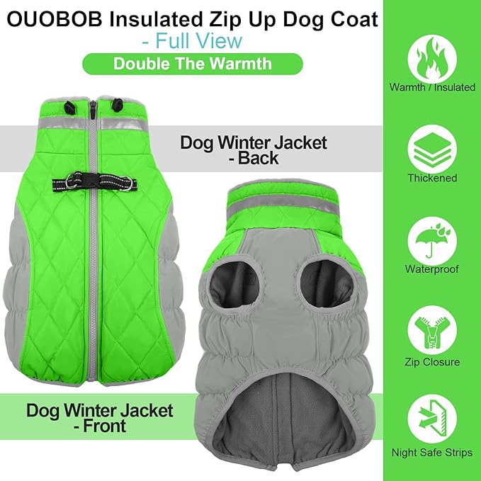 OUOBOB Warm Dog Coats for Large Dogs, Waterproof Dog Jacket with Harness Built in, Zipper Clousure, Fleece Lining, Turtleneck, for Cold Weather, Snowsuit for German Shepherd, Weimaraner, Labrado XXXL