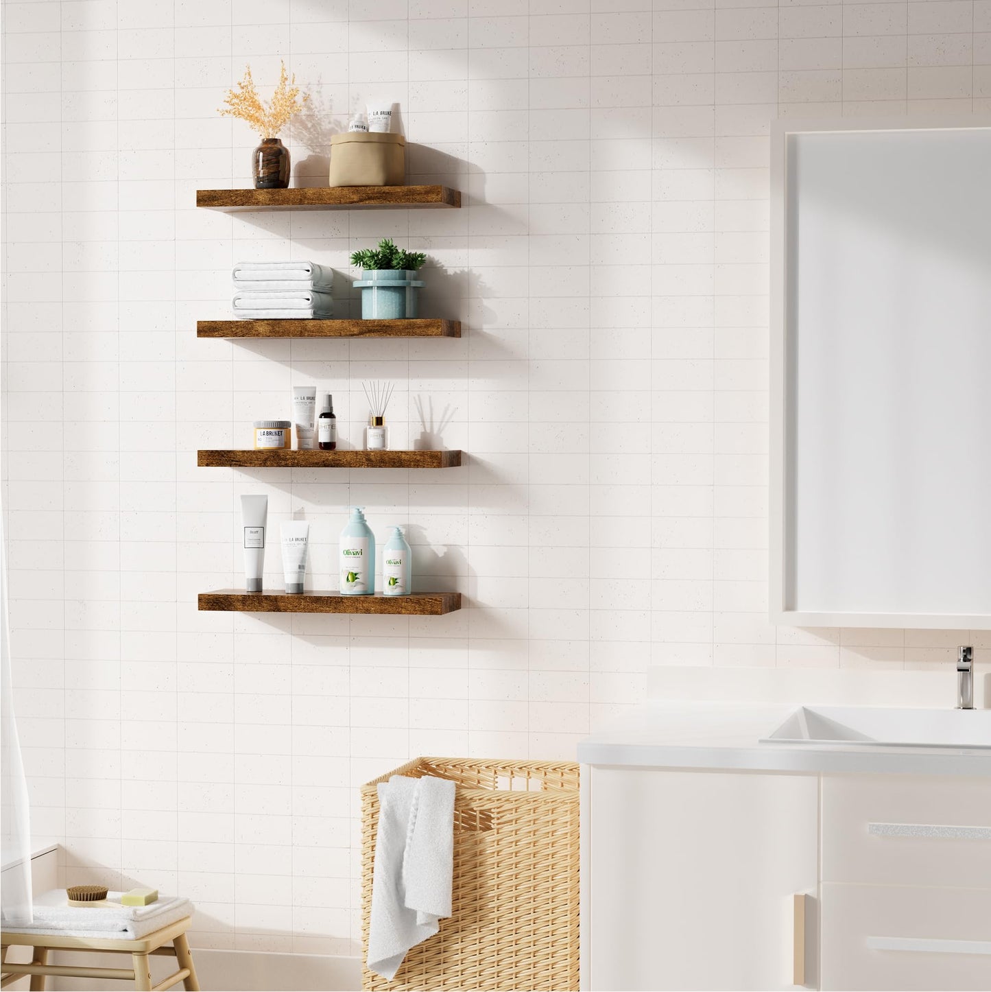 Bellsal Floating Shelves for Wall, Rustic Brown Wood Wall Shelf Set of 4, 16" Walls Mounted Floating Shelf for Kitchen, Living Room, Bedroom, Bathroom Storage, Book Shelf for Walls Home Decor