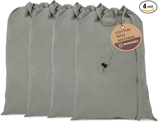 LFH Home Cotton Canvas Large Laundry Bag with Handle, Heavy Duty Drawstring Closure Washable Laundry Bags, School Travel, Home, Hotel, College Dorm, Organizer Sack, Toys Clothes 28x40 (Pack of 4)-Grey
