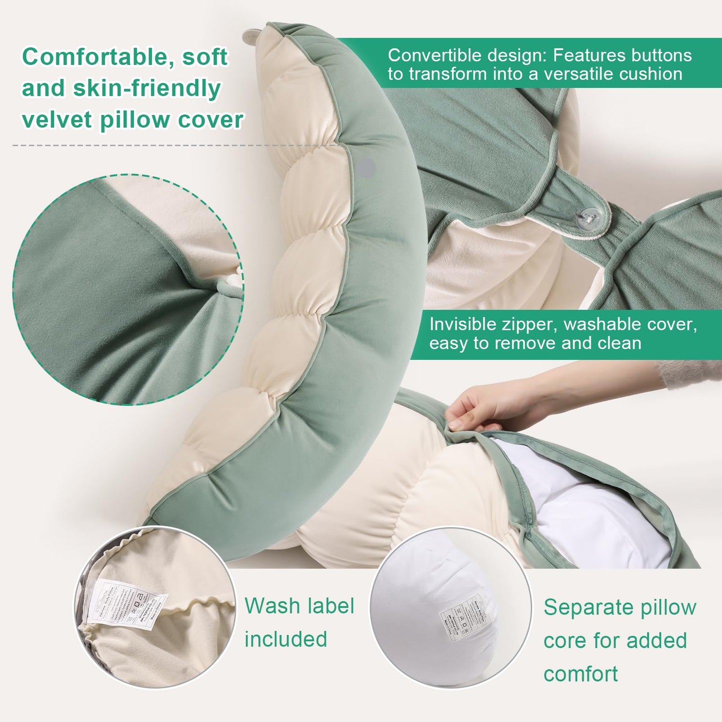 Ailuteie Peallow(Pat. Pend) – Long Round Body Pillow for Adults, Bolster Pillow for Sleeping, Soft and Supportive Pillow for Sleeping & Lumbar Support (Green-White, 29.5")