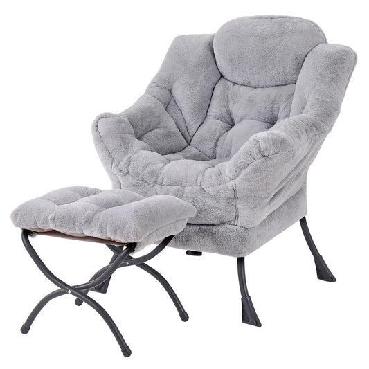 Welnow Lazy Chair with Ottoman, Modern Accent Chair with Armrests and a Side Pocket, Leisure Sofa Armchair, Reading Armchair with Footrest for Small Space, Plush Grey