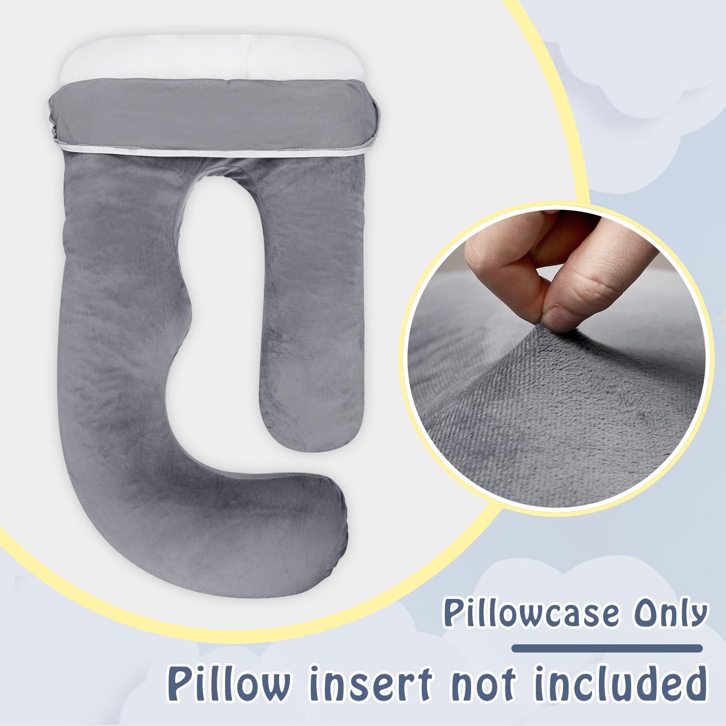 Pregnancy Pillow Cover J-shaped Replacement Pillowcase(Cover Only), Soft Full Body Pillow Case for Maternity Pillows, Provides Sleep and Pregnancy Support, 100% Velvet with Zipper, Universal Fit, Grey