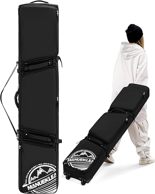 MANUEKLEAR Rolling Ski Travel Bag Holds Skis from 170-190 cm, Durable & Waterproof Snowboard Bag with Wheels, Foldable Double Ski Bag with Soft Padded and Detachable Shoulder Straps