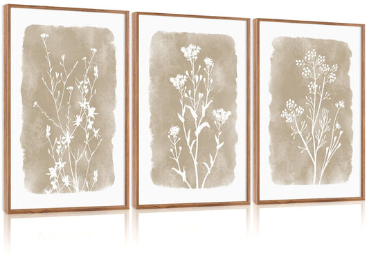 CHDITB Neutral Botanical Wall Art Set of 3, 24"x36" Large Framed Boho Farmhouse Flower Wall Decor, Modern Minimalist Floral Wall Painting, Begie Wildflower Canvas Art Prints for Living Room, Bedroom