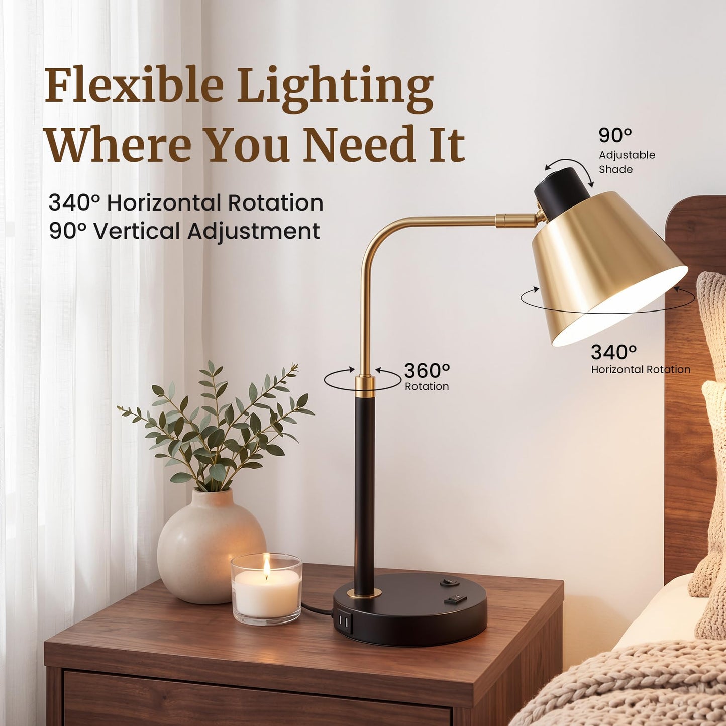 TimberAura Desk Lamp with USB-C, USB-A and AC Outlet, Adjustable E26 Table Lamp for Home Office and Bedside Reading, Matte Black and Brushed Brass-Look, Bulb Not Included
