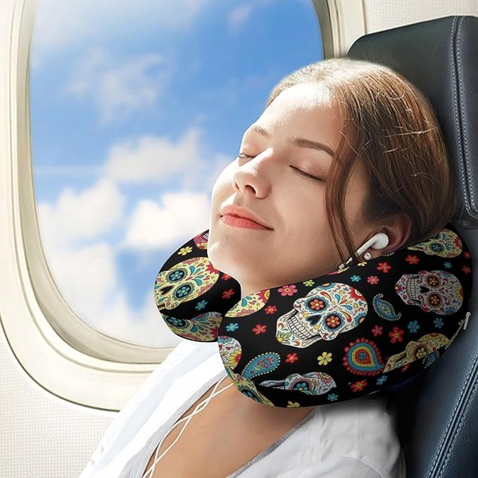 Cute Decorative Travel Neck Pillow Memory Foam Chin Cushion Vintage Paisley Sugar Skull, Washable Cover for Women Airplane Car Home Sleeping Rest