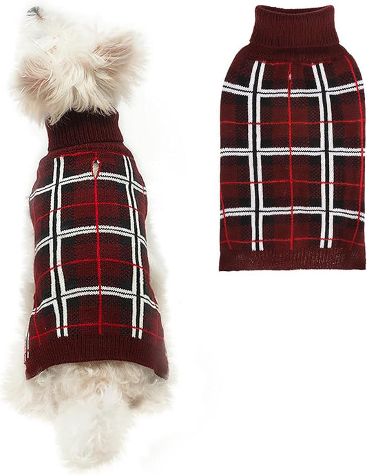 PUPTECK Dog Christmas Sweaters for Large Medium Small Dogs - Fall Classic Plaid Style Puppy Holiday Winter Coat Clothes Warm, Deep Red, SM