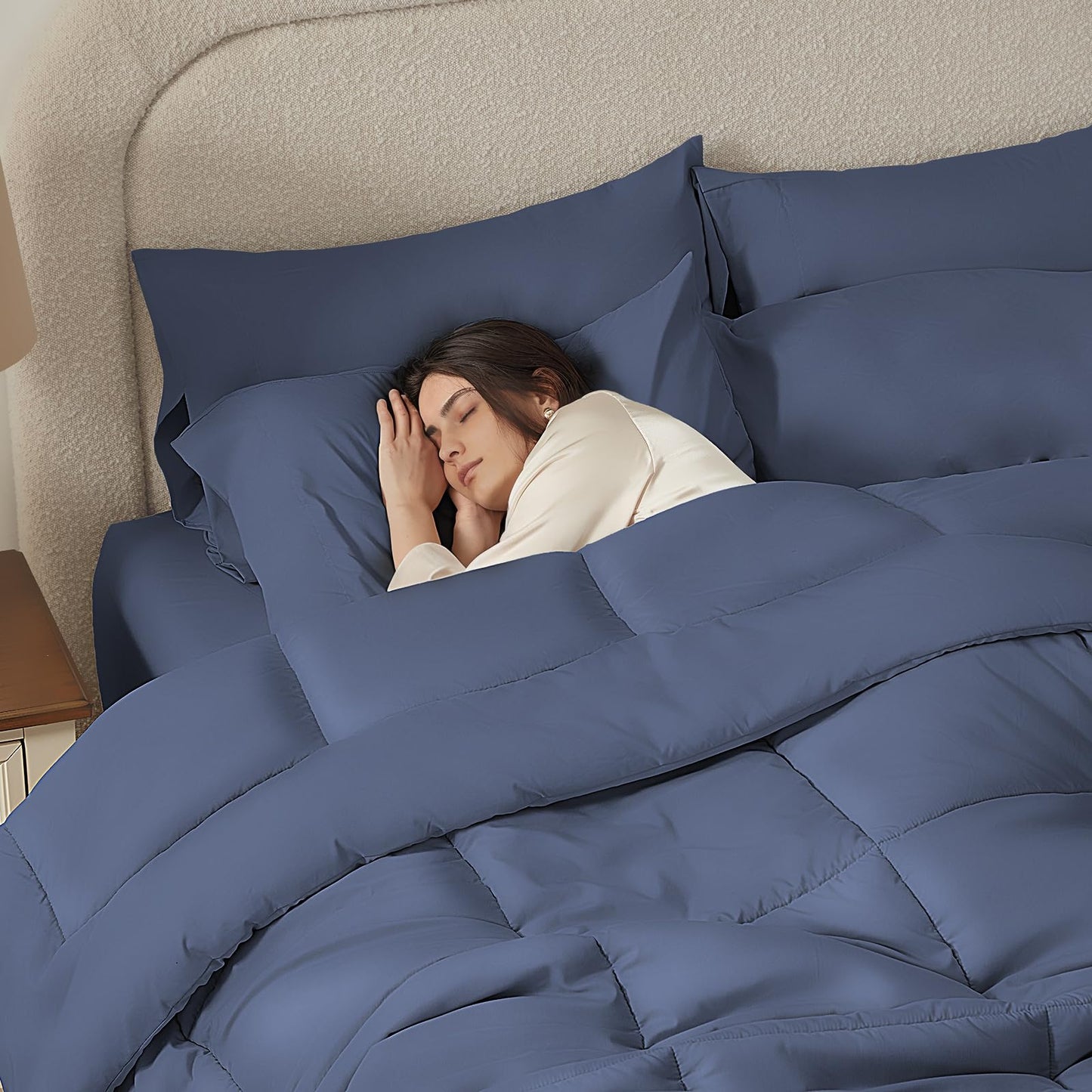 SunStyle Home Grayish Blue Full/Queen Comforter Set - 7 Pieces Bed in a Bag, Lightweight Goose Down Alternative Bedding Sets with All Season Comforter, 1 Flat Sheet, 1 Fitted Sheet, 4 Pillowcases