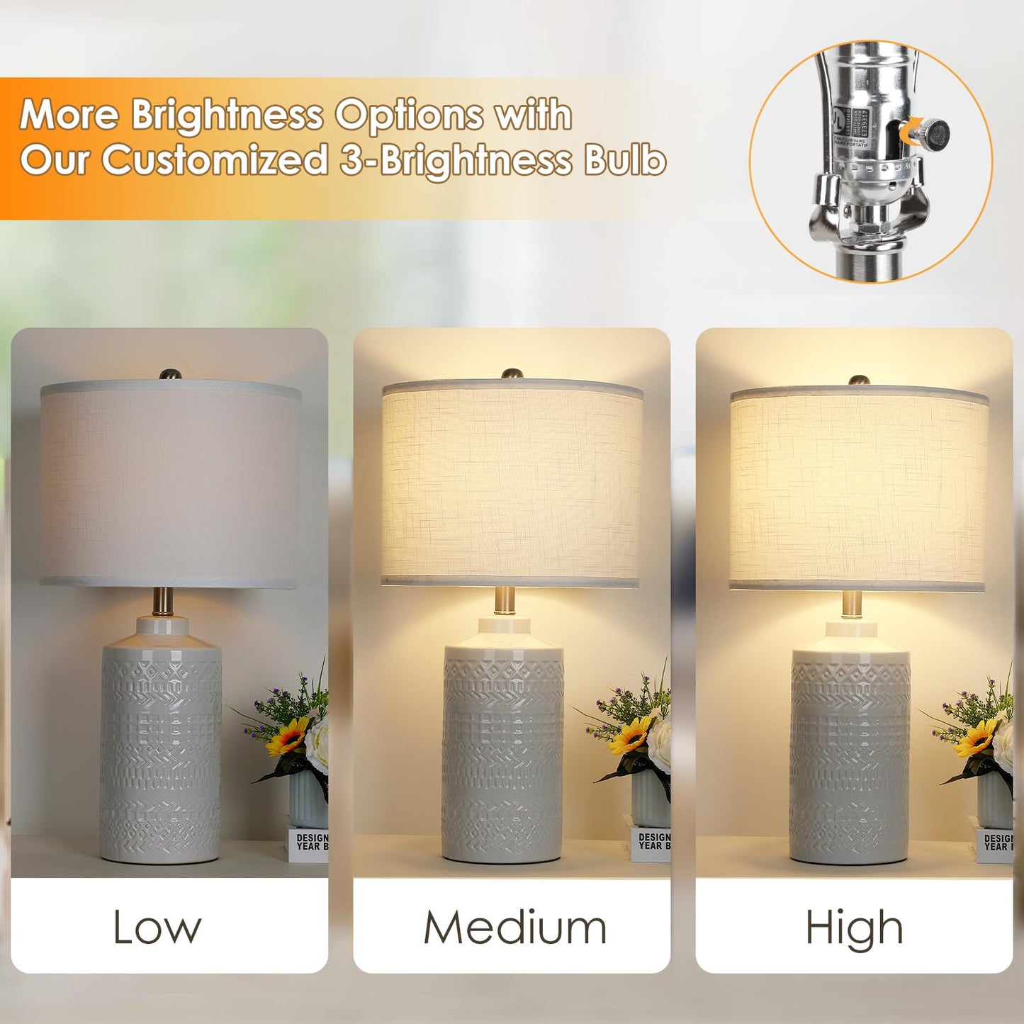 JUNNAI 24.5" White Ceramic Table Lamp 3-Way Dimmable Nightstand with White Linen Shade Bedside Lamp for Bedrooms & Living Room Office Reading(Bulb Included)