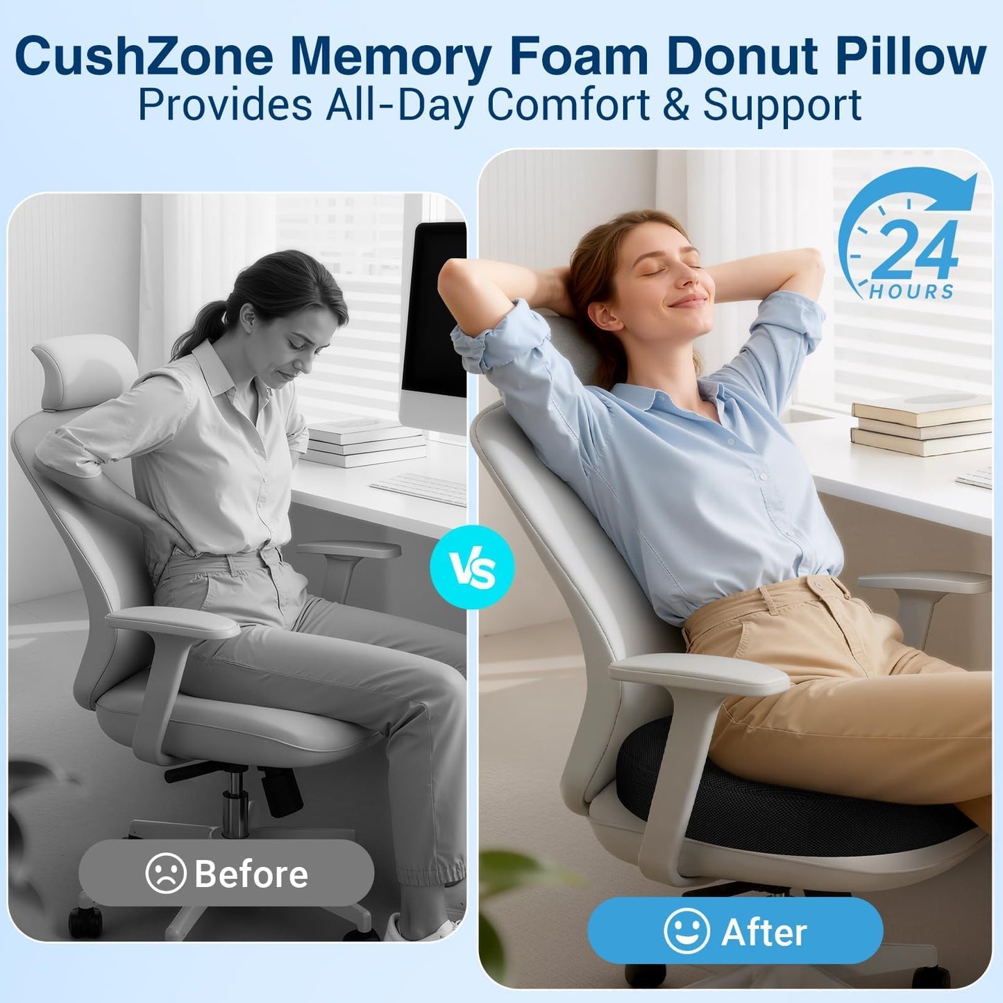 CushZone Donut Pillow Seat Cushion for Postpartum Pregnancy, Large Ergonomic Chair Seat Cushions, Office Chair Cushion, Breathable Hemorrhoid Pillow, Lifting Chair Pads for After Surgery(Black)