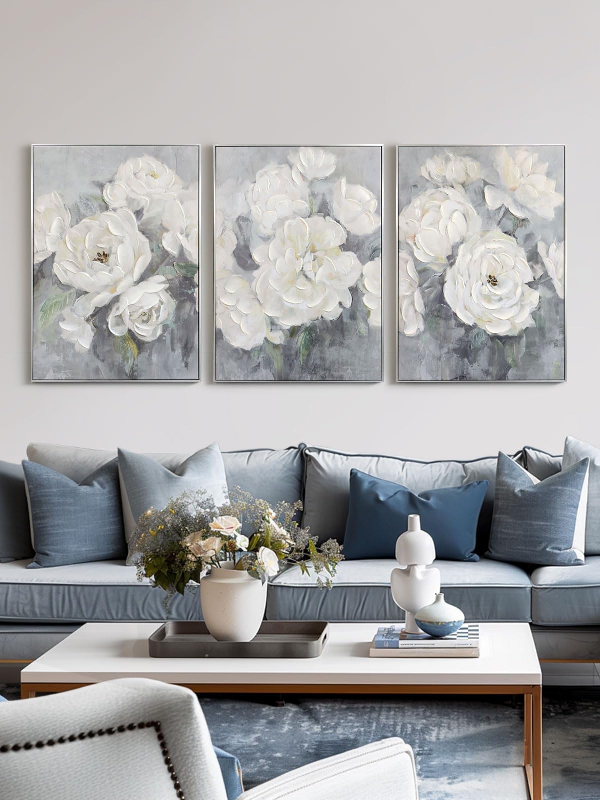 Zessonic Gray and White Floral Wall Art Textured Set Of 3 Flowers Painting Canvas Neutral Prints Aesthetic Botanical Wall Decor Nature Pictures Living Room Bedroom Bathroom Office 20"x28"x3pcs