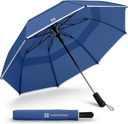 Weatherman - Premium Collapsible Small Travel Umbrella - Windproof, Resists Up to 55 MPH Winds - Compact, Portable, Easy Auto Open with Strong Fiberglass Frame - Folding Umbrella for Rain and Wind (Steel Blue)