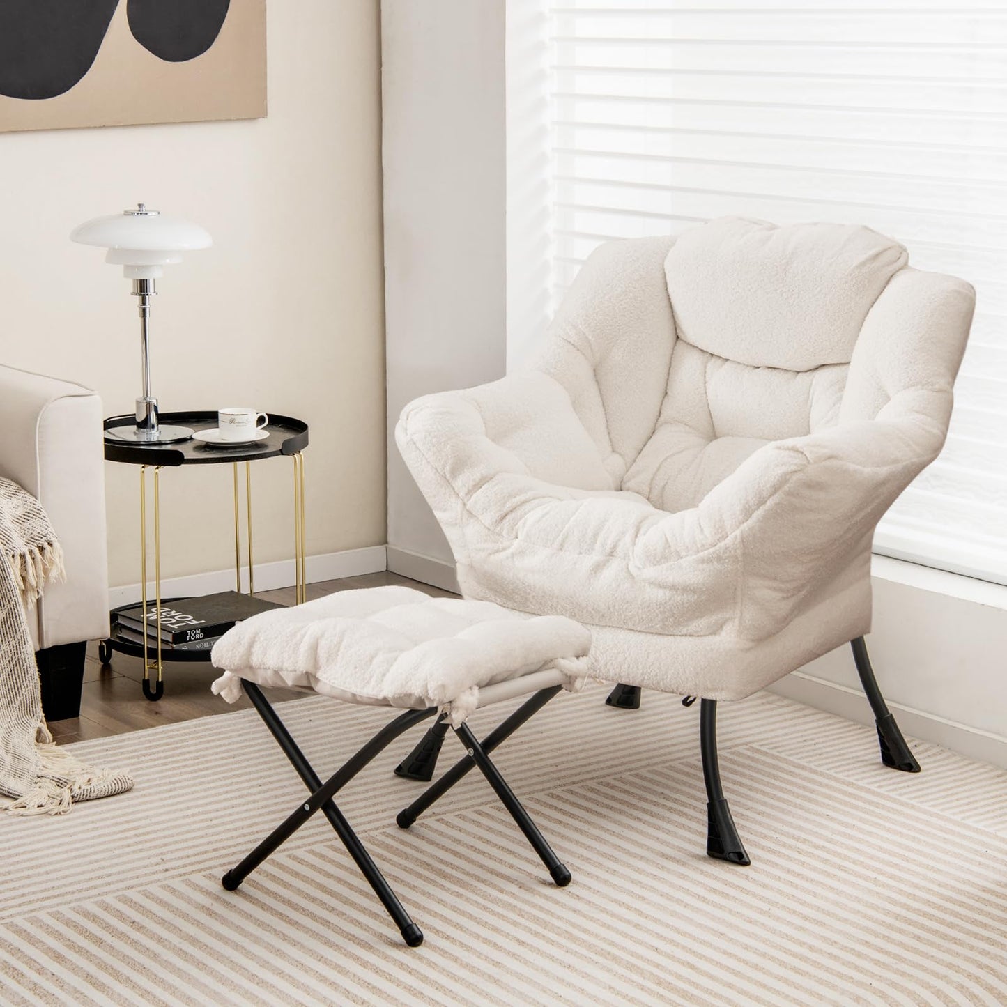 Giantex Lazy Chair with Folding Ottoman, Modern Sherpa Accent Chair w/Steel Frame, Armrests & Pocket, Upholstered Single Sofa Chair Set, Leisure Reading Lounge Chair for Living Room Bedroom (White)