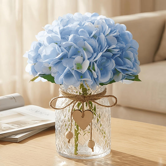 Piklado Hydrangea Artificial Flowers in Vase Silk Fake Flowers with Glass Vase Bohemian & Ins Style Faux Hydrangea with Glass Bottle Set for Home Office Bathroom Decoration (Blue)