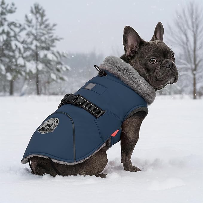 KYEESE Waterproof Dog Coat, Windproof Winter Jacket with Thick Fleece Lining, Extra Warm Turtleneck Dog Coats for Medium Dogs with Leash Hole and Reflective Design, Navy Blue, X-Large
