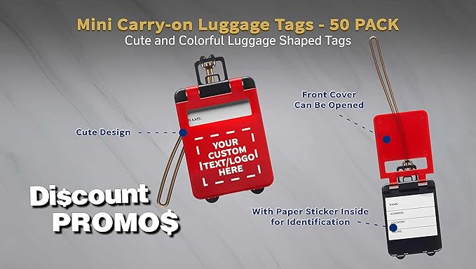 50 Mini Carry-on Luggage Tags Pack - Customizable Text, Logo - Flip Open Cover, ID Sticker - Red