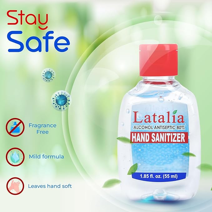 Latalia Mini Hand Sanitizer Travel Size Pack of 12 | 1.85 fl oz with 80% Alcohol Small Hand Sanitizer Bulk For Non-Sticky, Unscented, Gentle & Fresh Hands Anytime
