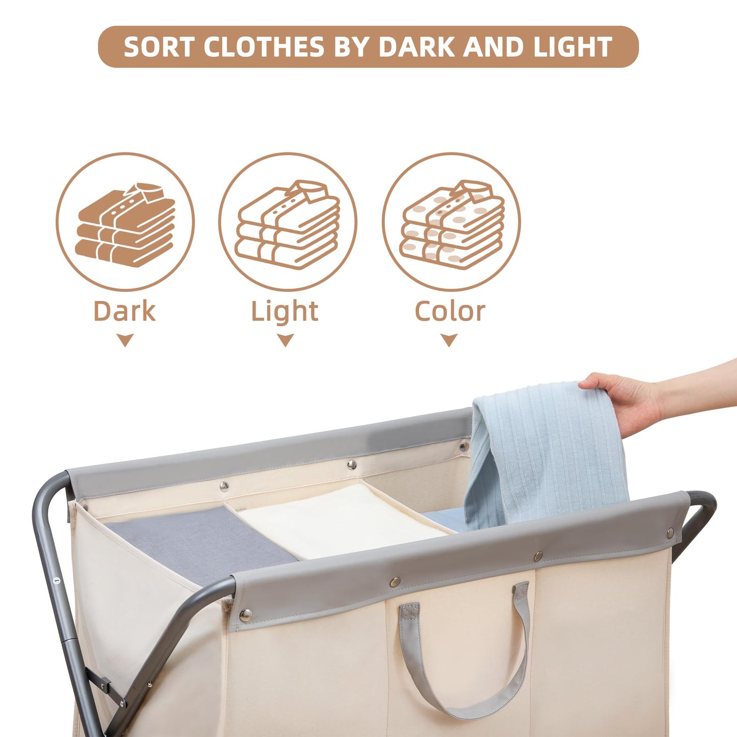 STORAGE MANIAC 160L Collapsible Laundry Hamper with Wheels, Rolling Laundry Basket, Heavy Duty Cloth Sorter with Removable Bag, Folding X Frame Clothes Organizer Cart for Easy to Store, 3 Section